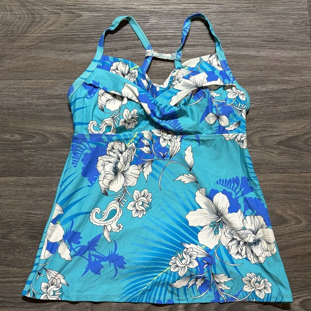 Beach House Tankini Top Size 10 Coastal Floral Tropical Hawaiian Blue White NEW